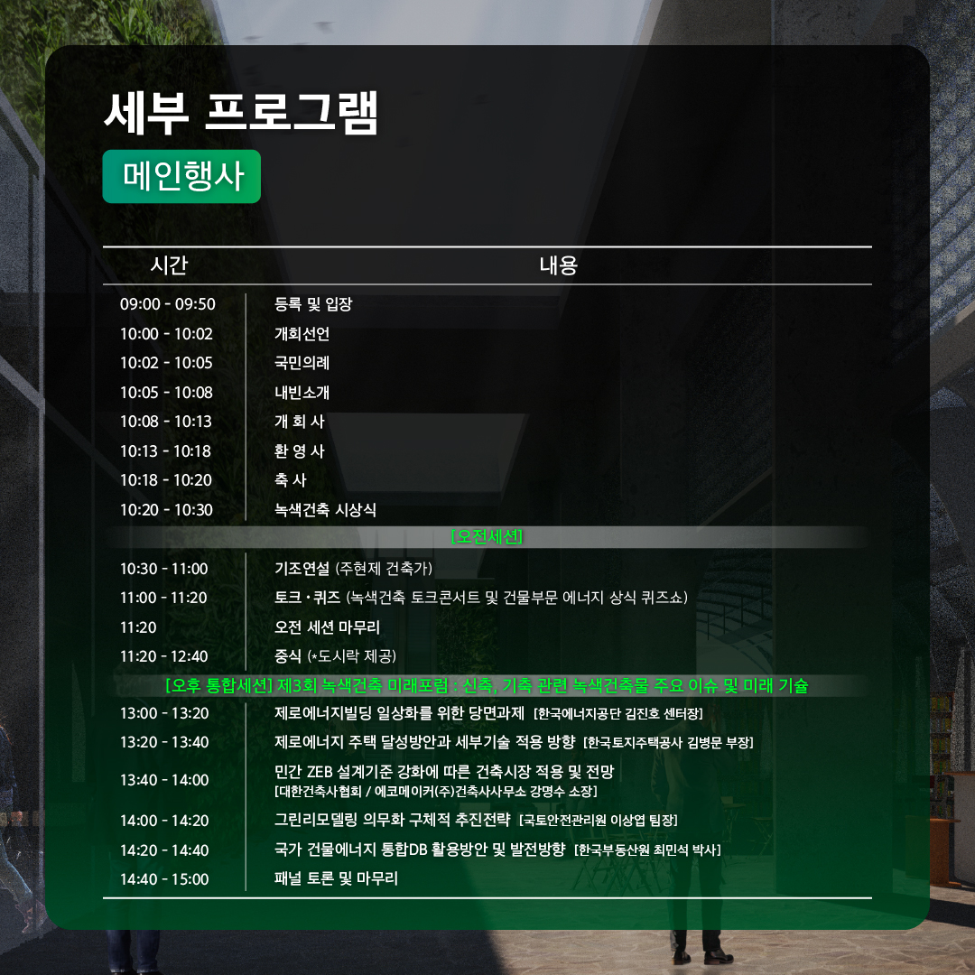 세부 프로그램
메인행사

시간: 09:00 - 09:50
내용: 등록 및 입장

시간: 10:00 - 10:02
내용: 개회선언

시간: 10:02 - 10:05
내용: 국민의례

시간: 10:05 - 10:08
내용: 내빈소개

시간: 10:08 - 10:13
내용: 개회사

시간: 10:13 - 10:18
내용: 환영사

시간: 10:18 - 10:20
내용: 축사

시간: 10:20 - 10:30
내용: 녹색건축 시상식

시간: 10:30 - 11:00
내용: 기조연설 (주현제 건축가)

시간: 11:00 - 11:20
내용: 토크 & 퀴즈 (녹색건축 토크콘서트 및 건물부문 에너지 상식 퀴즈쇼)

시간: 11:20 - 11:30
내용: 오전 세션 마무리

시간: 11:20 - 14:00
내용: 점심 (도시락 제공)

오후 통합세션: 제3회 녹색건축 미래포럼 ‘신축, 기존 건물 관리 녹색건축의 주요 이슈 및 미래 기술’

시간: 13:00 - 13:20
내용: 제로에너지빌딩 일상화를 위한 당면과제 [한국에너지공단 김진호 센터장]

시간: 13:20 - 13:40
내용: 제로에너지 주택 달성방안과 세부기술 적용 방향 [한국토지주택공사 김병로 부장]

시간: 13:40 - 14:00
내용: 민간건물 제로에너지화에 따른 건축사업 적용 및 전망 [대한건축사협회 이재욱 사무총장]

시간: 14:00 - 14:20
내용: 관련법령의 의무화 주제적 추진전략 [조달청친환경인 이성현 팀장]

시간: 14:20 - 14:40
내용: 국가 온실가스 감축 목표와 총량제 현황 및 발전방향 [환경부온실가스 최민석 박사]

시간: 14:40 - 15:00
내용: 패널 토론 및 마무리