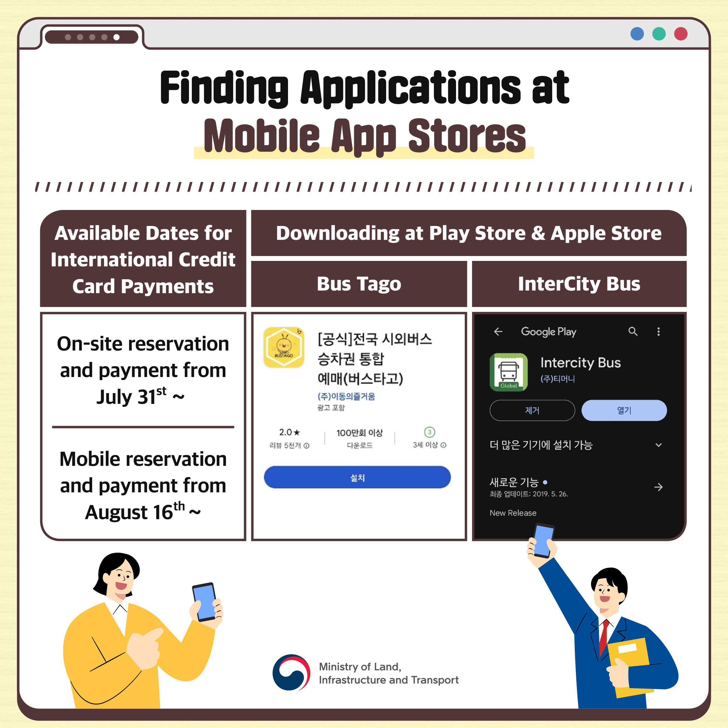 pic 6. Finding Applications at Mobile App Stores

Available Dates for International Credit Card Payments:

On-site reservation and payment from July 31st ~
Mobile reservation and payment from August 16th ~
Downloading at Play Store & Apple Store:

Bus Tago,
InterCity Bus