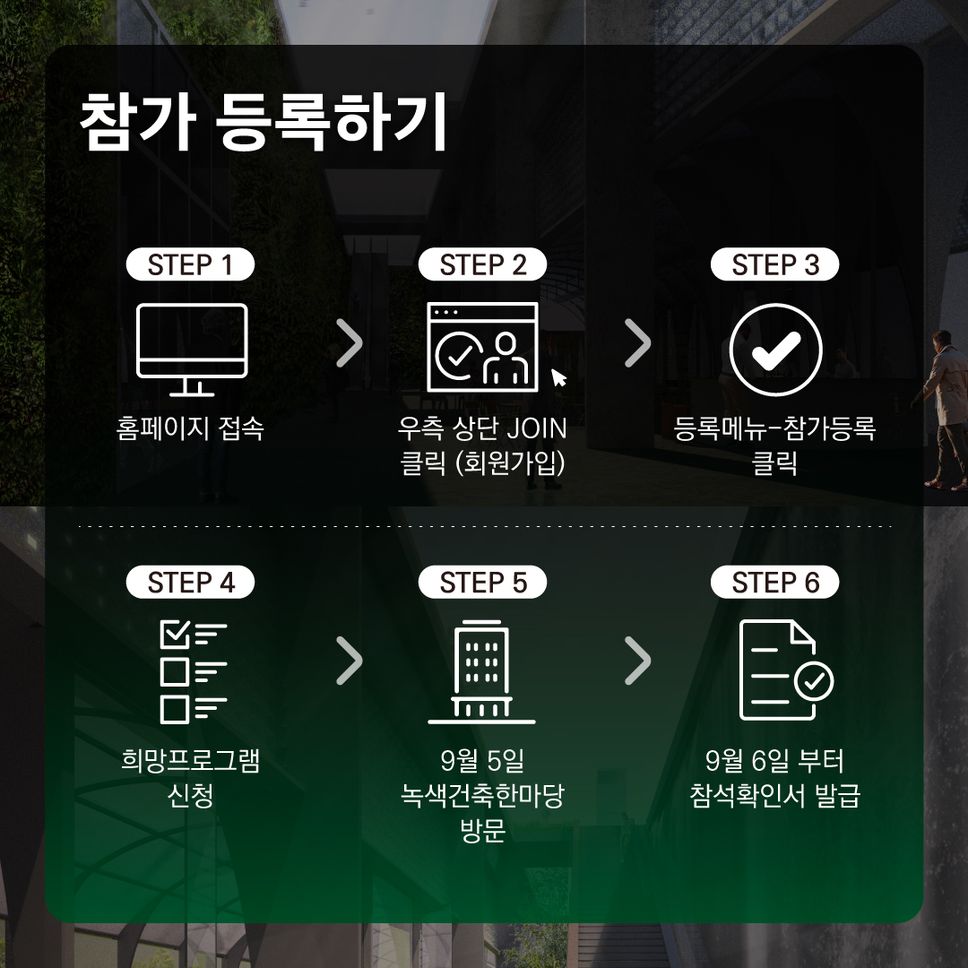참가 등록하기
STEP 1: 홈페이지 접속
STEP 2: 우측 상단 JOIN 클릭 (회원가입)
STEP 3: 등록메뉴-참가등록 클릭
STEP 4: 희망프로그램 신청
STEP 5: 9월 5일 녹색건축한마당 방문
STEP 6: 9월 6일부터 참석확인서 발급