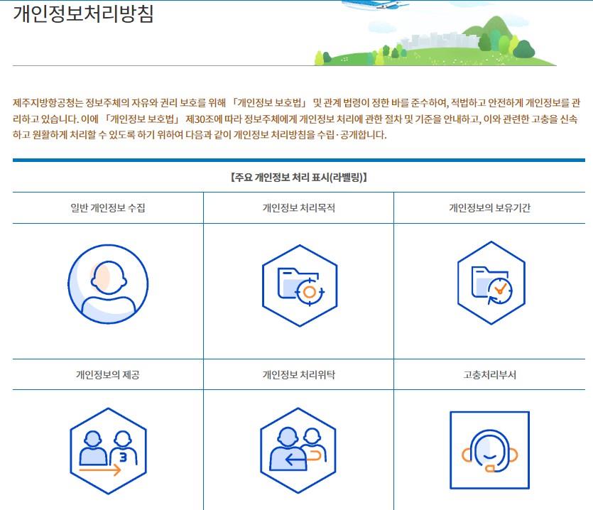 개인정보처리방침
제주지방항공청는 정보주체의 자유와 권리 보호를 위해 「개인정보 보호법」 및 관계 법령이 정한 바를 준수하여, 적법하고 안전하게 개인정보를 관리하고 있습니다. 이에 「개인정보 보호법」 제30조에 따라 정보주체에게 개인정보 처리에 관한 절차 및 기준을 안내하고, 이와 관련한 고충을 신속하고 원활하게 처리할 수 있도록 하기 위하여 다음과 같이 개인정보 처리방침을 수립·공개합니다.

【주요 개인정보 처리 표시(라벨링)】
일반 개인정보 수집	개인정보 처리목적	개인정보의 보유기간
		
개인정보의 제공	개인정보 처리위탁	고충처리부서
		
·제주지방항공청 운영지원과
·전화 : 064-797-1733
·이메일 : psychemico@korea.kr