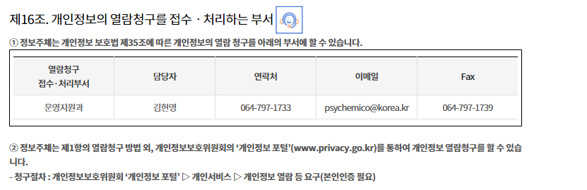 
제16조. 개인정보의 열람청구를 접수ㆍ처리하는 부서


① 정보주체는 개인정보 보호법 제35조에 따른 개인정보의 열람 청구를 아래의 부서에 할 수 있습니다.


열람청구
접수·처리부서
담당자
연락처
이메일
Fax
운영지원과
홍기환
064-797-1728
mrasenal@korea.kr
064-797-1739


② 정보주체는 제1항의 열람청구 방법 외, 개인정보보호위원회의 ‘개인정보 포털’(www.privacy.go.kr)를 통하여 개인정보 열람청구를 할 수 있습니다. 
- 청구절차 : 개인정보보호위원회 ‘개인정보 포털’ ▷ 개인서비스 ▷ 개인정보 열람 등 요구(본인인증 필요)
