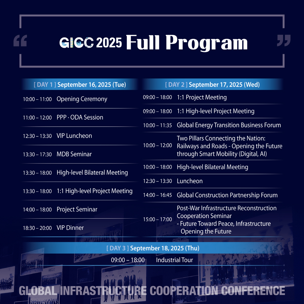 4. GICC 2025 Full Program

Day 1 | September 16, 2025 (Tue)
10:00-11:00 Opening Ceremony
11:00-12:00 PPP·ODA Session
12:30-13:30 VIP Luncheon
13:30-17:30 MDB Seminar
13:30-18:00 High-level Bilateral Meeting
13:30-18:00 1:1 High-level Project Meeting
14:00-18:00 Project Seminar
18:30-20:00 VIP Dinner

Day 2 | September 17, 2025 (Wed)
09:00-18:00 1:1 Project Meeting
09:00-18:00 1:1 High-level Project Meeting
10:00-11:35 Global Energy Transition Business Forum
10:00-12:00 Two Pillars Connecting the Nation: Railways and Roads - Opening the Future through Smart Mobility (Digital, AI)
10:00-18:00 High-level Bilateral Meeting
12:30-13:30 Luncheon
14:00-16:45 Global Construction Partnership Forum
15:00-17:00 Post-War Infrastructure Reconstruction Cooperation Seminar - Future Toward Peace, Infrastructure Opening the Future

Day 3 | September 18, 2025 (Thu)
09:00-18:00 Industrial Tour