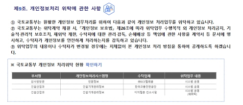 
 제9조. 개인정보처리 위탁에 관한 사항


① 국토교통부는 원활한 개인정보 업무처리를 위하여 다음과 같이 개인정보 처리업무를 위탁하고 있습니다.
② 국토교통부는 위탁계약 체결 시, 「개인정보 보호법」 제26조에 따라 위탁업무 수행목적 외 개인정보 처리금지,
   기술적‧관리적 보호조치, 재위탁 제한, 수탁자에 대한 관리‧감독, 손해배상 등 책임에 관한 사항을 계약서 등 
   문서에 명시하고, 수탁자가 개인정보를 안전하게 처리하는지를 감독하고 있습니다.
③ 위탁업무의 내용이나 수탁자가 변경될 경우에는 지체없이 본 개인정보 처리 방침을 통하여 공개하도록 
   하겠습니다.