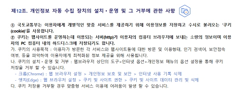 
제12조. 개인정보 자동 수집 장치의 설치ㆍ운영 및 그 거부에 관한 사항


① 국토교통부는 이용자에게 개별적인 맞춤 서비스를 제공하기 위해 이용정보를 저장하고 수시로 
   불러오는 ‘쿠키(cookie)’를 사용합니다.
② 쿠키는 웹사이트를 운영하는데 이용되는 서버(http)가 이용자의 컴퓨터 브라우저에 보내는 소량의 정보이며
   이용자의 PC 컴퓨터 내의 하드디스크에 저장되기도 합니다.
	가. 쿠키의 사용목적 : 이용자가 방문한 각 서비스와 웹사이트들에 대한 방문 및 이용형태, 인기 검색어,
	   보안접속 여부, 등을 파악하여 이용자에게 최적화된 정보 제공을 위해 사용됩니다.
	나. 쿠키의 설치ㆍ운영 및 거부 : 웹브라우저 상단의 도구>인터넷 옵션>개인정보 메뉴의 옵션 설정을 
           통해 쿠키 저장을 거부 할 수 있습니다.
	   - 크롬(Chrome) : 웹 브라우저 설정 > 개인정보 보호 및 보안 > 인터넷 사용 기록 삭제
           - 엣지(Edge) : 웹 브라우저 설정 > 쿠키 및 사이트 권한 > 쿠키 및 사이트 데이터 관리 및 삭제
	다. 쿠키 저장을 거부할 경우 맞춤형 서비스 이용에 어려움이 발생 할 수 있습니다.