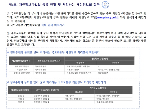 
 제3조. 개인정보파일의 등록 현황 및 처리하는 개인정보의 항목


① 국토교통부는 각 부서에서 운영하는 소관 홈페이지를 통해 수집∙보유하고 있는 주요 개인정보파일을 
   안내하고 있으며, 
국토교통부에서 개인정보파일의 등록 현황은 아래의 개인정보 포털(www.privacy.go.kr) 목록
   검색에서 확인하실 수 있습니다.

※ 국토교통부 개인정보파일 목록 검색 바로가기

② 국토교통부는 법령에 따라 수집 목적과 합리적으로 관련된 범위에서는 정보주체의 동의 없이 개인정보를 
   이용할 수 있으며, 이때 '당초 수집 목적과 관련성이 있는지, 수집한 정황 또는 처리 관행에 비추어 볼 때 
   예측 가능성이 있는지, 정보주체의 이익을 부당하게 침해하는지, 가명처리 또는 암호화 등 안전성 확보에 
   필요한 조치를 하였는지를 종합적으로 고려합니다. 