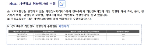 ① 국토교통부는 운영하고 있는 개인정보처리시스템이 정보주체의 개인정보파일에 미칠 영향에 대해 
   조사, 분석, 평가하기 위해 「개인정보 보호법」 제33조에 따라 “개인정보 영향평가”를 받고 있습니다.
② 국토교통부는 다음 개인정보파일에 대해 영향평가를 수행하였습니다.