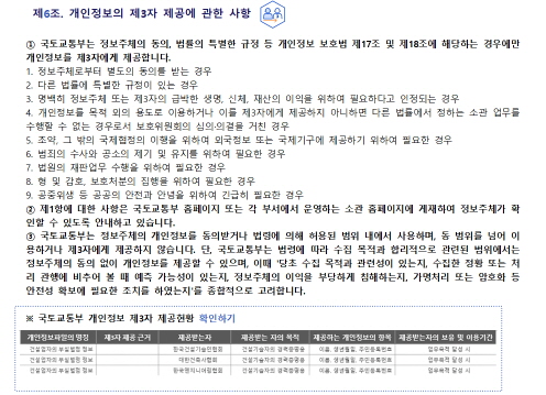  
 제6조. 개인정보의 제3자 제공에 관한 사항


① 국토교통부는 정보주체의 동의, 법률의 특별한 규정 등 개인정보 보호법 제17조 및 제18조에 해당하는 
   경우에만 개인정보를 제3자에게 제공합니다.
	1. 정보주체로부터 별도의 동의를 받는 경우
	2. 다른 법률에 특별한 규정이 있는 경우
	3. 명백히 정보주체 또는 제3자의 급박한 생명, 신체, 재산의 이익을 위하여 필요하다고 인정되는 경우
	4. 개인정보를 목적 외의 용도로 이용하거나 이를 제3자에게 제공하지 아니하면 다른 법률에서 정하는 
          소관 업무를 수행할 수 없는 경우로서 보호위원회의 심의·의결을 거친 경우
	5. 조약, 그 밖의 국제협정의 이행을 위하여 외국정보 또는 국제기구에 제공하기 위하여 필요한 경우
	6. 범죄의 수사와 공소의 제기 및 유지를 위하여 필요한 경우
	7. 법원의 재판업무 수행을 위하여 필요한 경우
	8. 형 및 감호, 보호처분의 집행을 위하여 필요한 경우
	9. 공중위생 등 공공의 안전과 안녕을 위하여 긴급히 필요한 경우
② 제1항에 대한 사항은 국토교통부 홈페이지 또는 각 부서에서 운영하는 소관 홈페이지에 게재하여 정보주체가 
   확인할 수 있도록 안내하고 있습니다.
③ 국토교통부는 정보주체의 개인정보를 동의받거나 법령에 의해 허용된 범위 내에서 사용하며, 동 범위를 넘어
   이용하거나 제3자에게 제공하지 않습니다. 단, 국토교통부는 법령에 따라 수집 목적과 합리적으로 관련된 
   범위에서는 정보주체의 동의 없이 개인정보를 제공할 수 있으며, 이때 '당초 수집 목적과 관련성이 있는지, 
   수집한 정황 또는 처리 관행에 비추어 볼 때 예측 가능성이 있는지, 정보주체의 이익을 부당하게 침해하는지, 
   가명처리 또는 암호화 등 안전성 확보에 필요한 조치를 하였는지'를 종합적으로 고려합니다. 