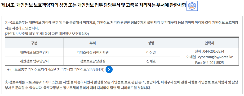 제14조. 개인정보 보호책임자의 성명 또는 개인정보 업무 담당부서 및 고충을 처리하는 부서에 관한사항
① 국토교통부는 개인정보 처리에 관한 업무를 총괄해서 책임지고, 개인정보 처리와 관련한 정보주체의 불만처리 및 피해구제 등을 위하여 아래와 같이 개인정보 보호책임자를 지정하고 있습니다.
(개인정보보호법 제31조 제1항에 따른 개인정보 보호책임자)
구분	부서	성명	연락처
개인정보 보호책임자	기획조정실 정책기획관	이상일	전화 : 044-201-3274
이메일 : cybermagic@korea.kr
Fax : 044-201-5525
개인정보 업무담당자	정보보호담당관실	신재호
※ (국토교통부 개인정보처리시스템 처리부서별 개인정보 업무담당자)

② 정보주체는 국토교통부의 서비스(또는 사업)을 이용하시면서 발생한 모든 개인정보 보호 관련 문의, 불만처리, 피해구제 등에 관한 사항을 개인정보 보호책임자 및 담당부서로 문의할 수 있습니다. 국토교통부는 정보주체의 문의에 대해 지체없이 답변 및 처리해드릴 것입니다.