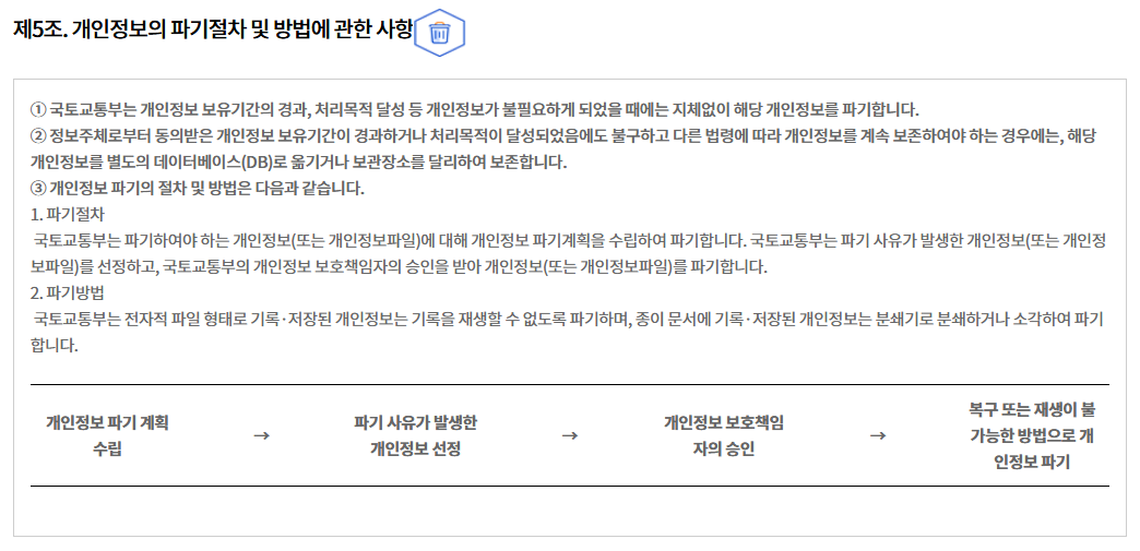 제5조. 개인정보의 파기절차 및 방법에 관한 사항
① 국토교통부는 개인정보 보유기간의 경과, 처리목적 달성 등 개인정보가 불필요하게 되었을 때에는 지체없이 해당 개인정보를 파기합니다.
② 정보주체로부터 동의받은 개인정보 보유기간이 경과하거나 처리목적이 달성되었음에도 불구하고 다른 법령에 따라 개인정보를 계속 보존하여야 하는 경우에는, 해당 개인정보를 별도의 데이터베이스(DB)로 옮기거나 보관장소를 달리하여 보존합니다.
③ 개인정보 파기의 절차 및 방법은 다음과 같습니다.
1. 파기절차
 국토교통부는 파기하여야 하는 개인정보(또는 개인정보파일)에 대해 개인정보 파기계획을 수립하여 파기합니다. 국토교통부는 파기 사유가 발생한 개인정보(또는 개인정보파일)를 선정하고, 국토교통부의 개인정보 보호책임자의 승인을 받아 개인정보(또는 개인정보파일)를 파기합니다.
2. 파기방법
 국토교통부는 전자적 파일 형태로 기록·저장된 개인정보는 기록을 재생할 수 없도록 파기하며, 종이 문서에 기록·저장된 개인정보는 분쇄기로 분쇄하거나 소각하여 파기합니다.

개인정보 파기 계획 수립	→	파기 사유가 발생한 개인정보 선정	→	개인정보 보호책임자의 승인	→	복구 또는 재생이 불가능한 방법으로 개인정보 파기
								